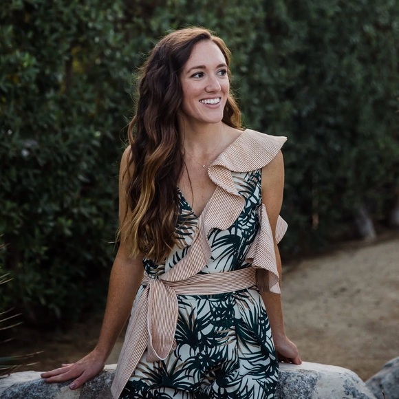 PatBO Palm Jumpsuit (Sz 2) Asymmetric Ruffle Wide Leg Crop Green & White - Picture 2 of 16